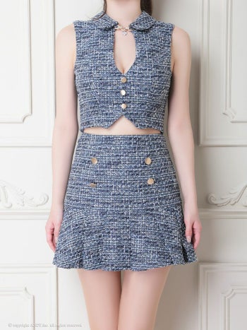 キャバドレス an アン かわいい 襟付き ノースリーブ ボタン セットアップ ツイード フレアミニドレス