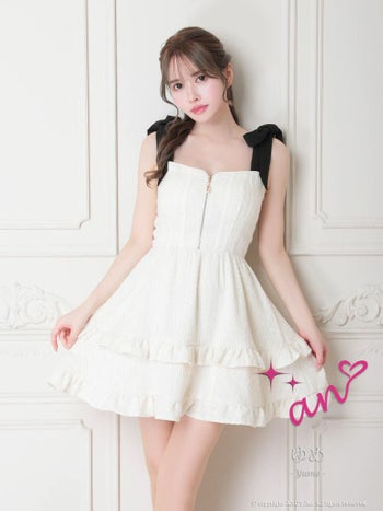 キャバドレス フレアミニドレス an アン ジップデザイン ガーリー リボン ノースリーブ フレアミニドレス