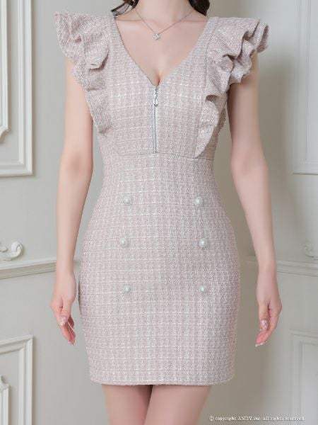 キャバドレス an アン かわいい ツイード フリル袖 パールボタン 半袖 ツイード フロントジップ タイトミニドレス