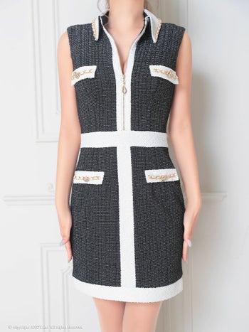 キャバドレス an アン ノースリーブ ジップデザイン 襟付き チェーン ツイード タイトミニドレス