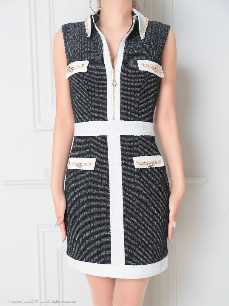 キャバドレス an アン かわいい 襟付き ジップデザイン ノースリーブ ツイード チェーン タイトミニドレス