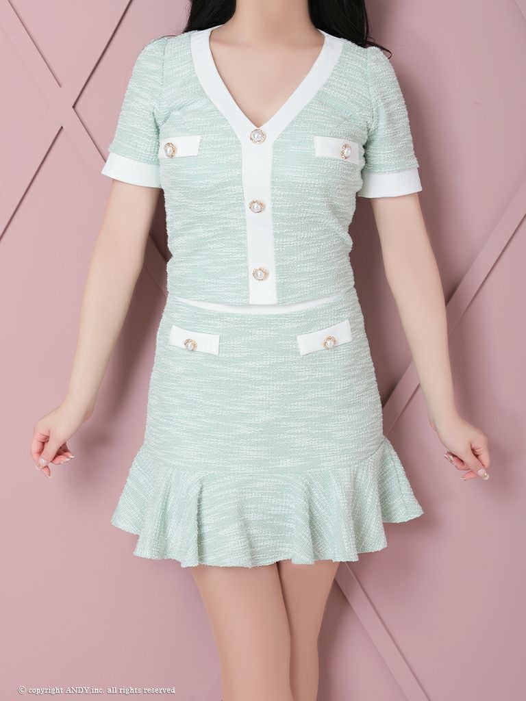 キャバドレス an アン かわいい ツイード 袖フリル パールボタン 半袖 セットアップ フレアミニドレス