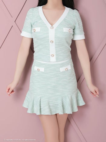 キャバドレス an アン 上品 袖フリル セットアップ ツイード 半袖 パールボタン フレアミニドレス