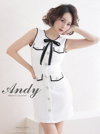 シンプル ノースリーブ 高級バイカラーパイピング ボタンデザイン タイトミニドレス