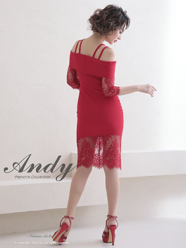 キャバドレス Andy アンディ オフショルダー 切り替え リボン レース 袖あり ワンカラー タイトミニドレス