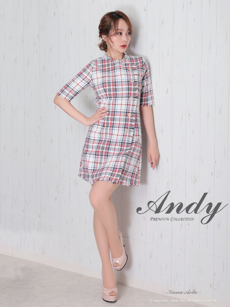 キャバドレス Andy アンディ チェック柄 フロントボタン フリンジ 袖あり タイトミニドレス