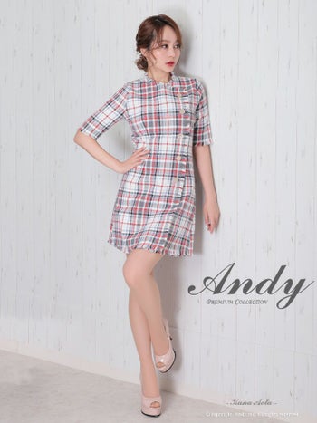 キャバドレス Andy アンディ チェック柄 フロントボタン フリンジ 袖あり タイトミニドレス