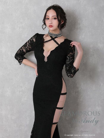 キャバドレス ロング ドレス GLAMOROUS グラマラス スリット Vネック レース シアー 七分袖 袖あり タイトロングドレス