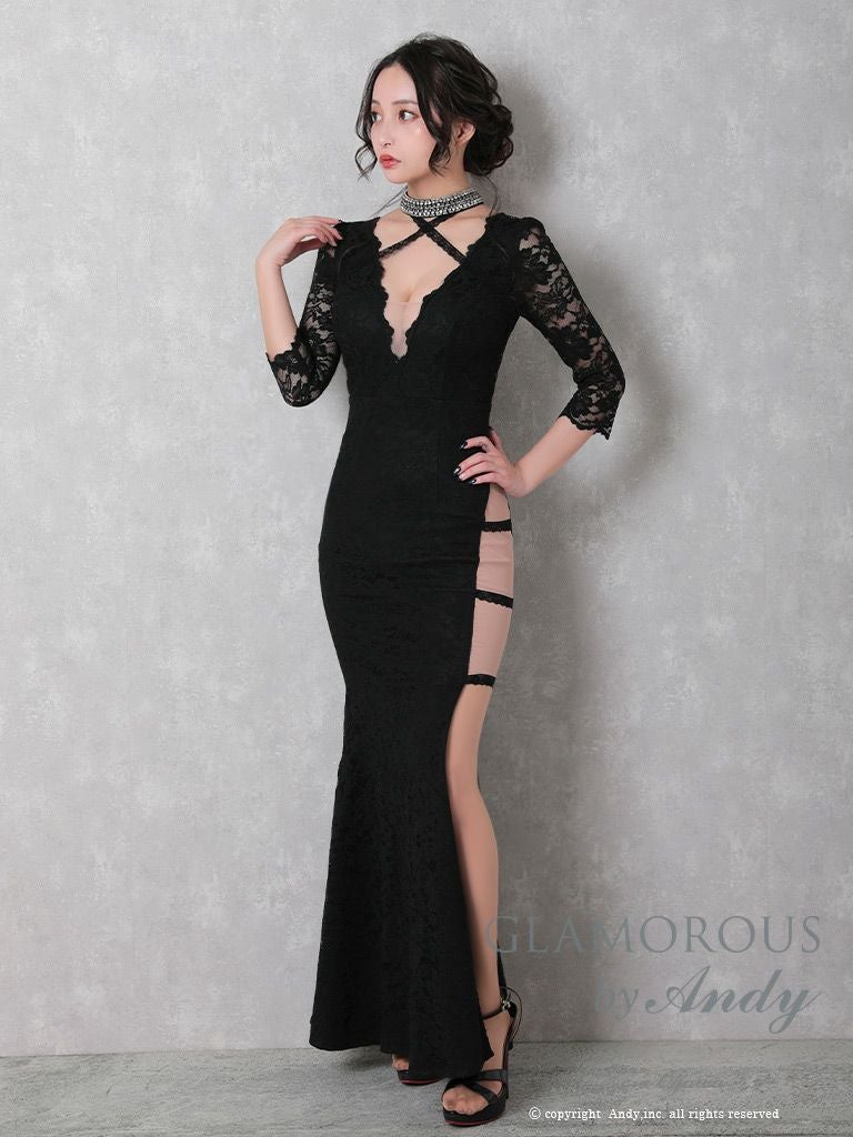 キャバドレス ロング ドレス GLAMOROUS グラマラス スリット Vネック レース シアー 七分袖 袖あり タイトロングドレス