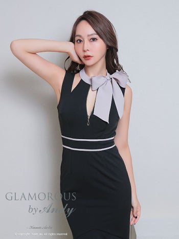 キャバドレス GLAMOROUS グラマラス 上品 大人 ジップデザイン 裾フリル バイカラー ネックリボン ロングテールドレス
