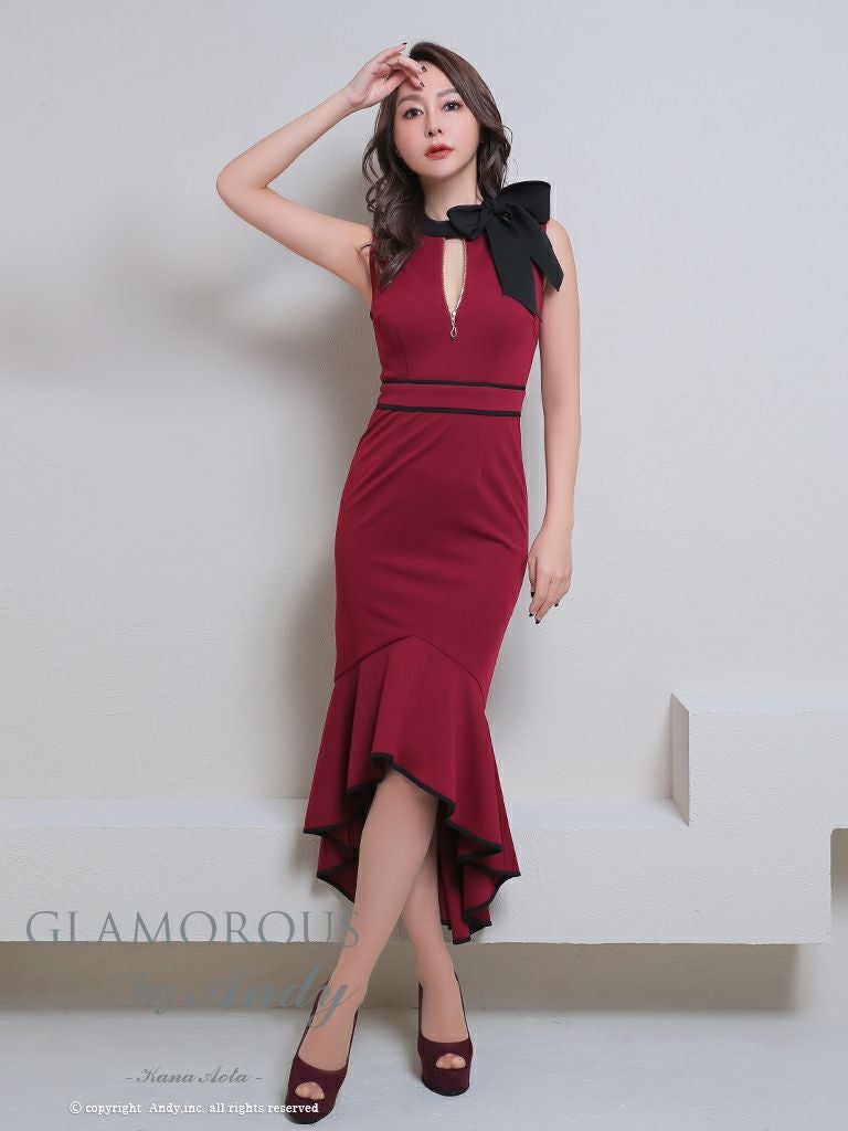 GLAMOROUS/グラマラス】ネックリボン 裾フリル バイカラー ジップ