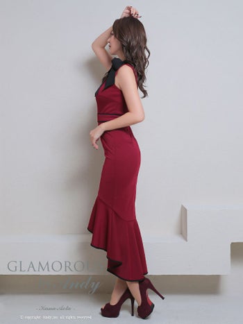 キャバドレス GLAMOROUS グラマラス バイカラー 裾フリル ネックリボン ジップデザイン バイカラー ロングテールドレス