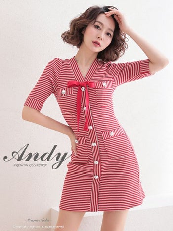 キャバドレス Andy アンディ かわいい ネックリボン 袖あり ボーダー柄 ボタン フレアミニドレス