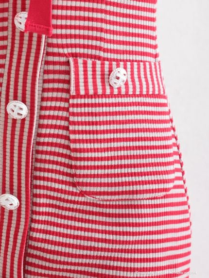 キャバドレス Andy アンディ かわいい オシャレ Aライン 袖あり ボーダー柄 ネックリボン ボタン フレアミニドレス