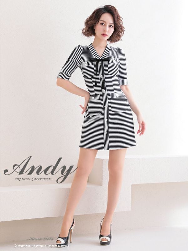 キャバドレス Andy アンディ かわいい オシャレ Aライン 袖あり ボーダー柄 ネックリボン ボタン フレアミニドレス