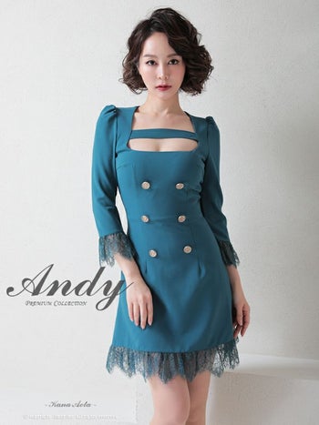 キャバドレス Andy アンディ 大人 綺麗 ボタン レース カットアウト 袖あり Aライン フリル フレアミニドレス
