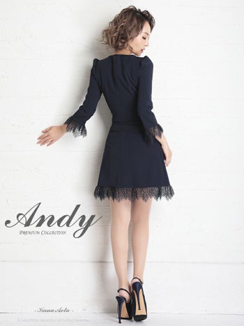 キャバドレス Andy アンディ 大人 綺麗 ボタン レース カットアウト 袖あり Aライン フリル フレアミニドレス