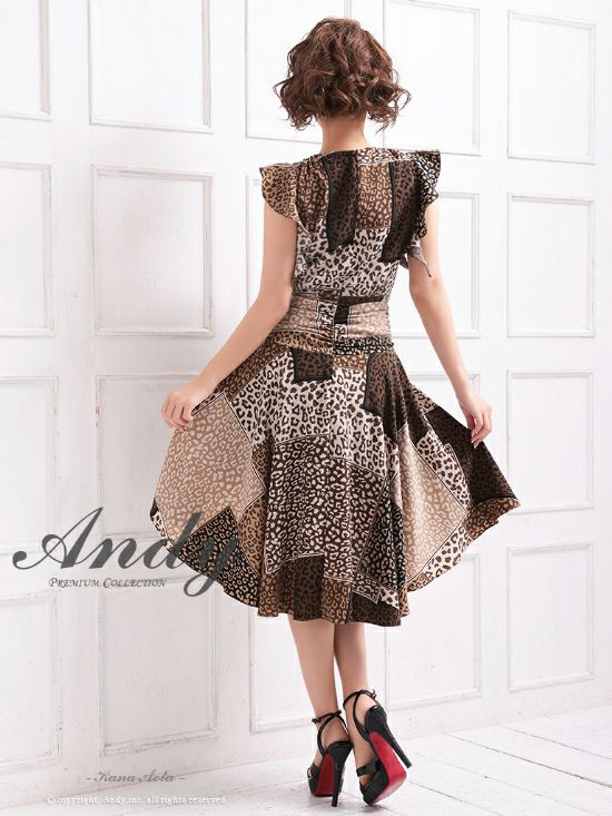 キャバドレス Andy アンディ かわいい フィッシュテール フレア ノースリーブ フリル アニマルプリント 豹柄 膝丈ドレス