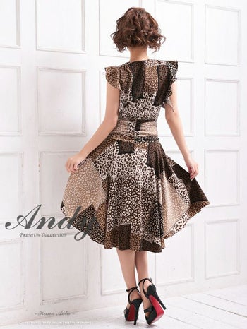 キャバドレス Andy アンディ かわいい フィッシュテール フレア ノースリーブ フリル アニマルプリント 豹柄 膝丈ドレス