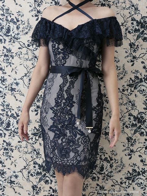 キャバドレス Andy アンディ セクシー 大人 ウエストリボン 胸元フリル パールビジュー 総レース オフショルダー タイトミニドレス