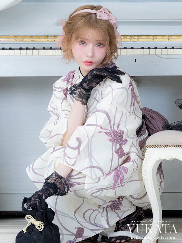 生成地 くすみピンク金魚 ゆかた3点 [浴衣+兵児帯+下駄]