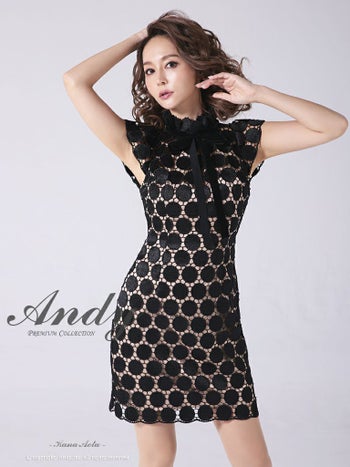 Andy アンディ ハイネック ドット柄 ノースリーブ レース 半袖 リボン タイトミニドレス