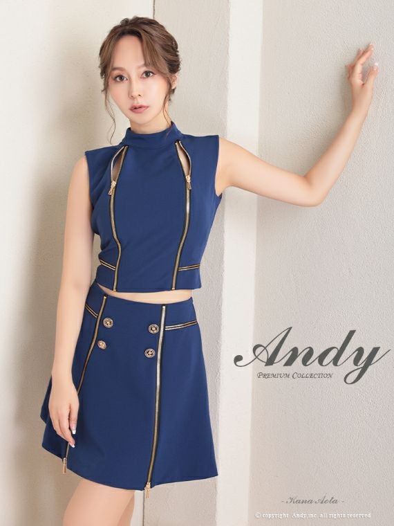 キャバドレス Andy アンディ 大人 クール ジップデザイン ワンカラー ボタン ノースリーブ セットアップ ボタン フレアミニドレス