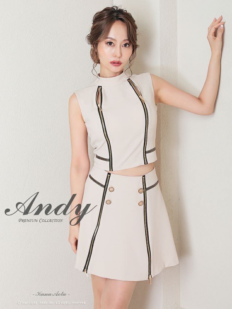 キャバドレス Andy アンディ 綺麗 大人 セットアップ ワンカラー ジップデザイン ボタン ノースリーブ フレアミニドレス