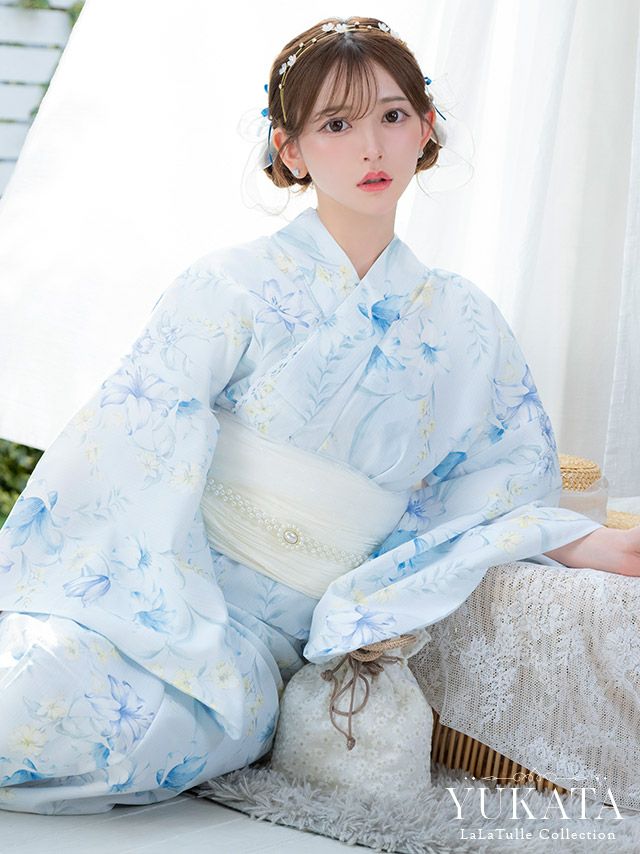 水色地 百合の花 ゆかた3点 [浴衣+兵児帯+下駄]