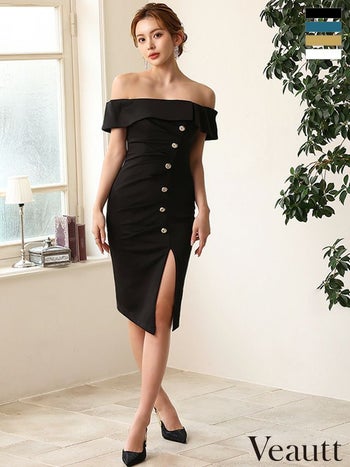 キャバドレス ブランド タックデザイン セクシー スリット オフショルダー フロントボタン 膝丈ドレス