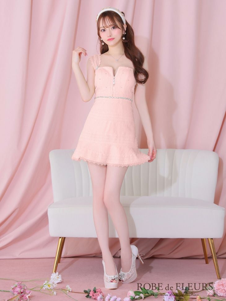 【ROBEdeFLEURS】ノースリーブジップデザインビジュー フレアミニドレス SALE【ROBEdeFLEURS/ローブドフルール】ノースリーブ ジップデザイン