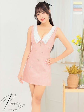 キャバドレス ブランド ツイード オープンバスト ガーリー ノースリーブ フラワービジュー フレアミニドレス