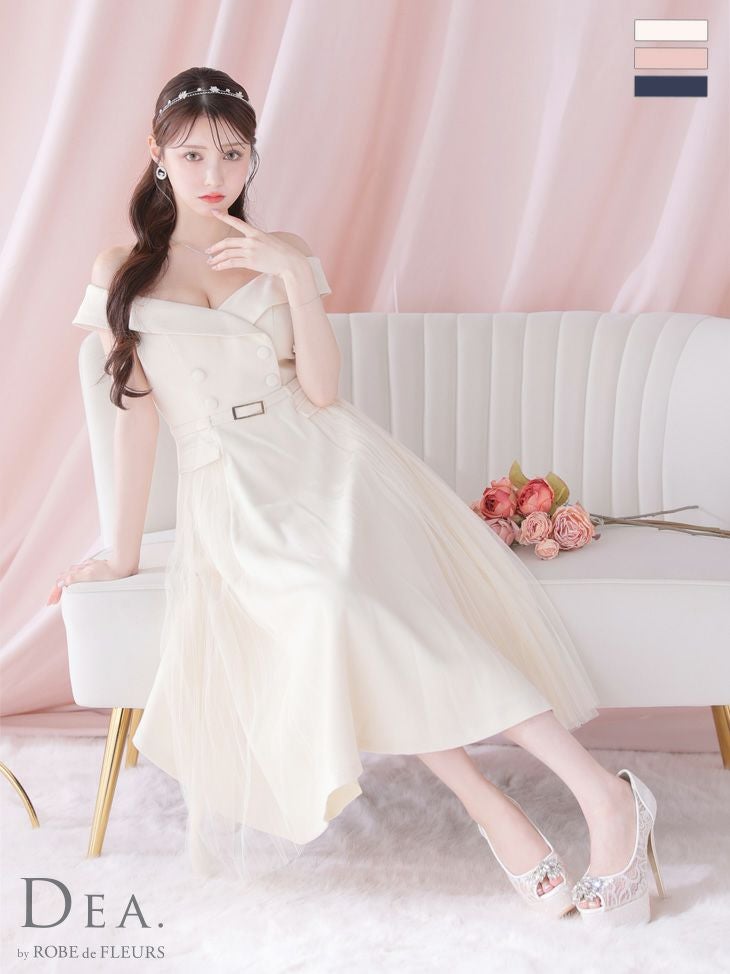 DEA ベージュ オフショルダードレス S DEA.by ROBE de FLEURS/ディア】オフショルダー ダブルボタン プリーツ