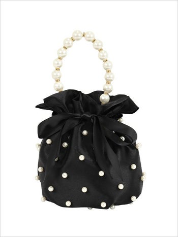 小物 2Way パール サテン生地 巾着 ショルダーチェーン付き かごバッグ