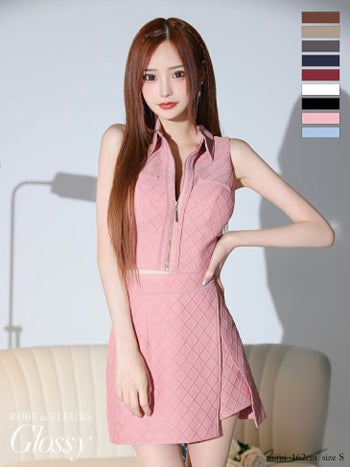 キャバドレス Glossy by ROBEdeFLEURS ラップデザイン 襟付き ノースリーブ ジップデザイン ジャガードニット セットアップ タイトミニドレス