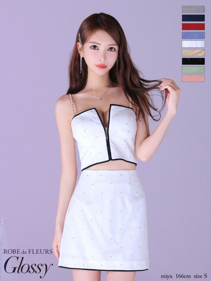 キャバドレス Glossy by ROBEdeFLEURS キャミソール セクシー ジップデザイン スタッズ キルティング セットアップ チェーン タイトミニドレス