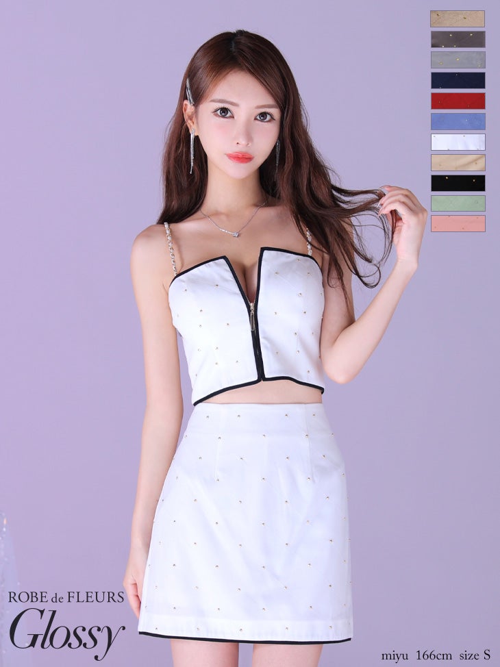 キャバドレス Glossy by ROBEdeFLEURS キャミソール セクシー ジップデザイン スタッズ キルティング セットアップ チェーン タイトミニドレス