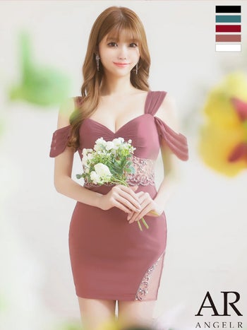 キャバドレス Angel R セクシー オープンバスト 肩あき フラワーデザイン ビジュー タイトミニドレス