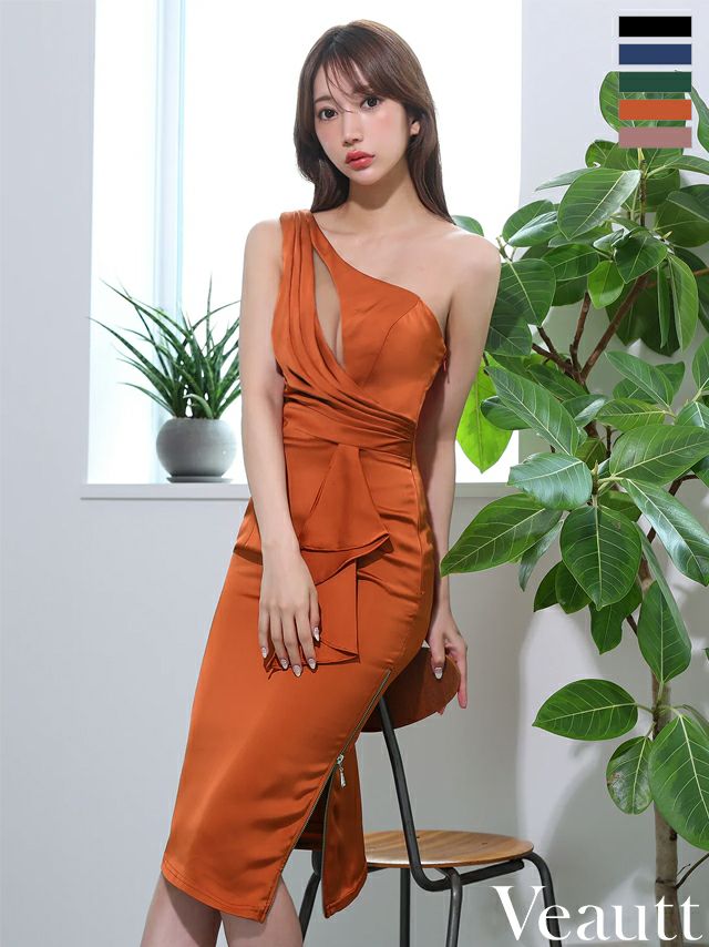 キャバドレス Veautt セクシー バストカット ドレープデザイン ワンショルダー ジップデザイン 膝丈ドレス