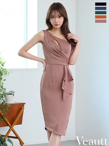 キャバドレス Veautt ドレープデザイン ワンショルダー ジップデザイン セクシー バストカット 膝丈ドレス