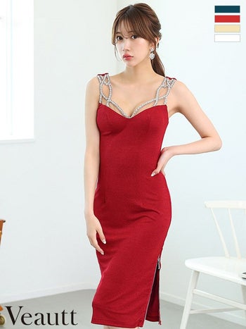 キャバドレス Veautt オープンバスト ノースリーブ デザインショルダー ビジュー ジップデザイン セクシー 膝丈ドレス