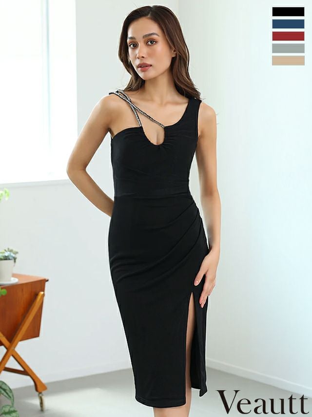 キャバドレス Veautt アシンメトリーショルダー ウエストタック ビジュー スリット オープンバスト セクシー ノースリーブ 膝丈ドレス