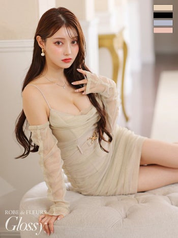 キャバドレス Glossy by ROBE de FLEURS セクシー ラメチュール ベルトデザイン 肩あき 長袖 オープンバスト タイトミニドレス