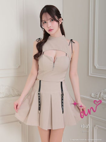 キャバドレス ミニドレス an アン カットアウト ジップデザイン ワンカラー 肩リボン ノースリーブ セットアップ プリーツ フレアミニドレス