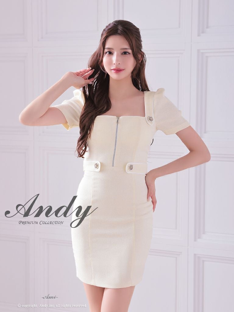 キャバドレス セクシー バックリボン　ジップデザイン スクエアネック ワンカラー バックリボン 半袖 タイトミニドレス