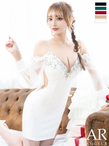 キャバドレス ブランド セクシー 長袖 バルーンスリーブ オフショルダー フラワーレース ビジュー オープンバスト くびれ透け タイトミニドレス