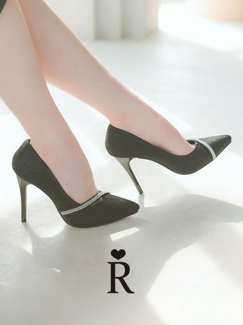 キャバシューズ Rechercher キラキラ シルバー ビジューライン ラメ シンプル ポインテッドトゥ パンプス ブラック