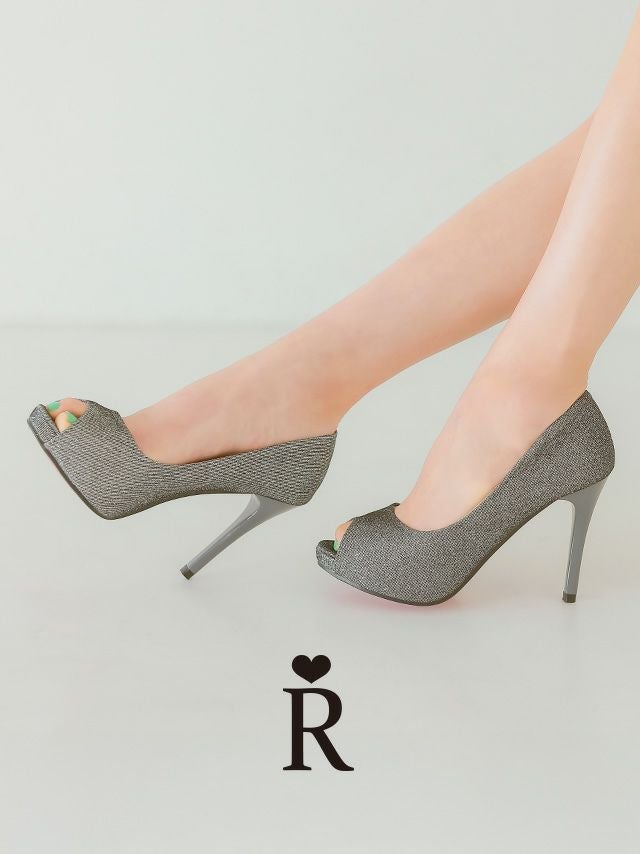 キャバシューズ Rechercher ワンカラー ラメ シンプル オープントゥ パンプス シルバー