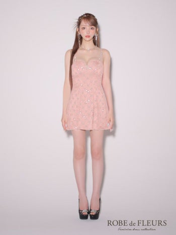 キャバドレス ROBEdeFLEURS ガーリー チェック柄 サテン スパンコール ホルターネック キャミソール フレアミニドレス