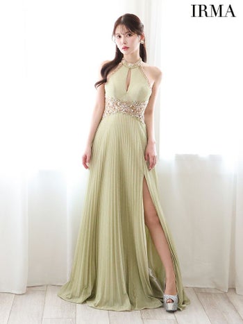 キャバドレス ブランド ウエストビジュー フロントカット　ホルターネック Aラインロングドレス